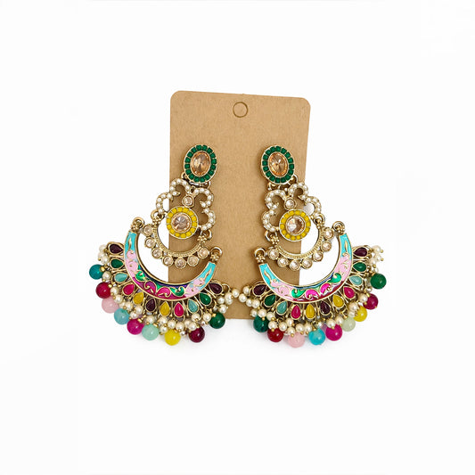 Multicolor chandbali earrings isolated on white background Indian ethnic jewellery