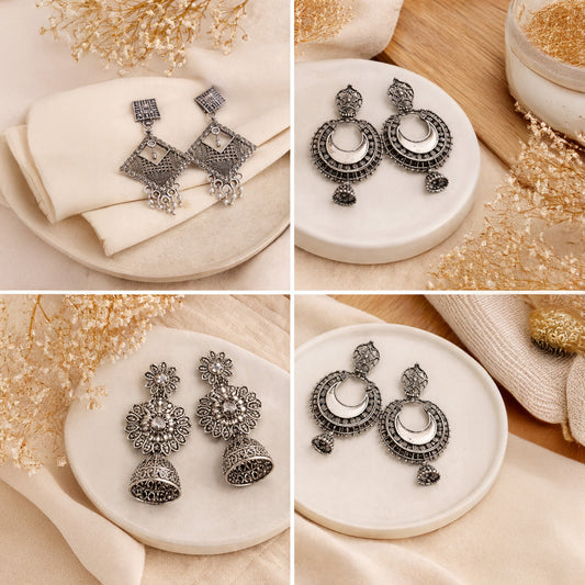 Oxidised Silver Jhumki & Hoop Earrings Combo – Set of 4