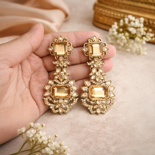 Designer gold drop earrings with crystal detailing for women