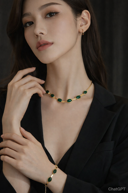 Luxury Oval Green Crystal Necklace & Bracelet