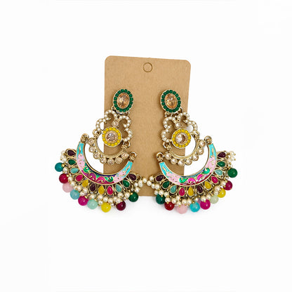Multicolor chandbali earrings isolated on white background Indian ethnic jewellery