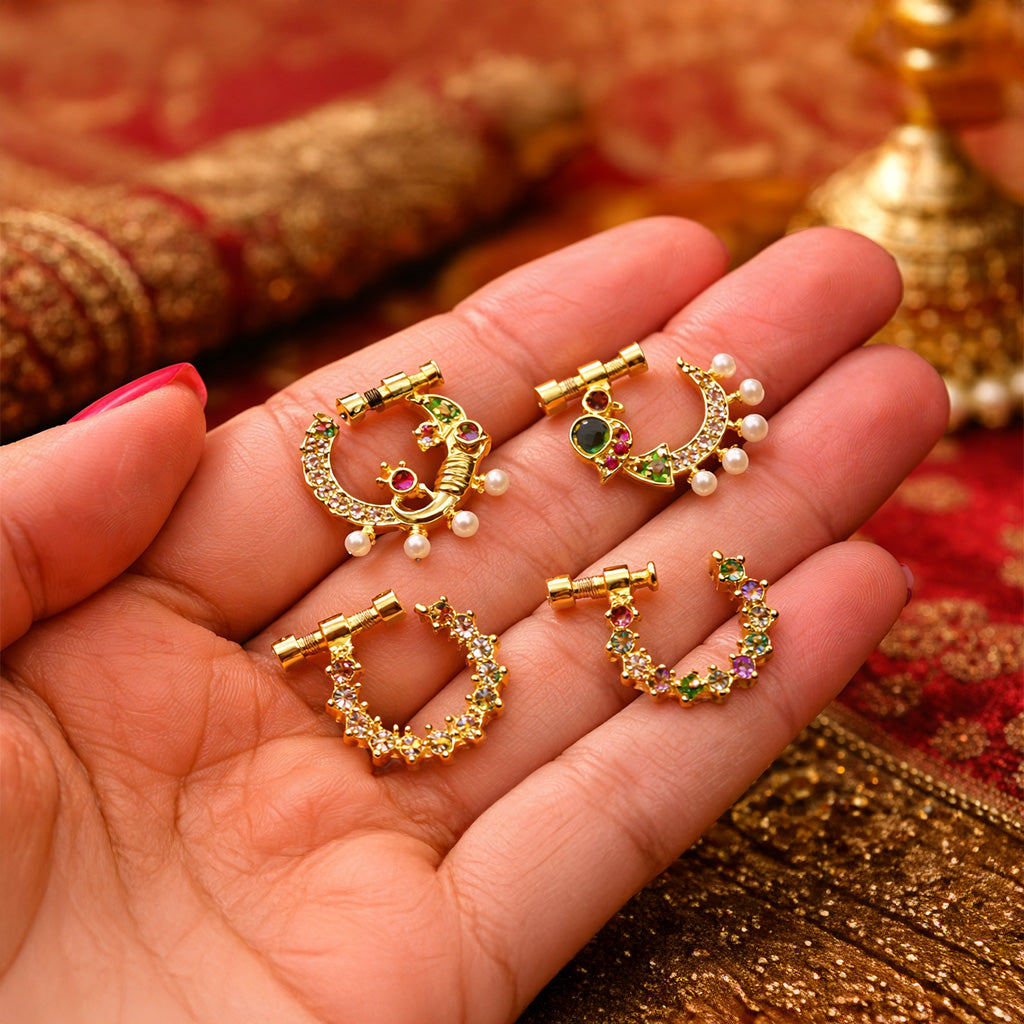 Multicolor Gold-Plated Nose Pins & Rings Set of 4 with CZ