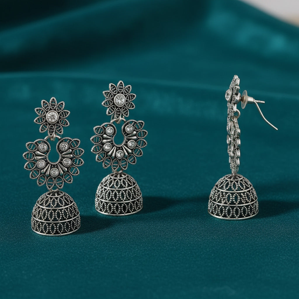 Oxidised Silver Jhumki & Hoop Earrings Combo – Set of 4