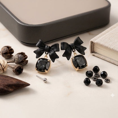 Small black bow earrings with black stone for women