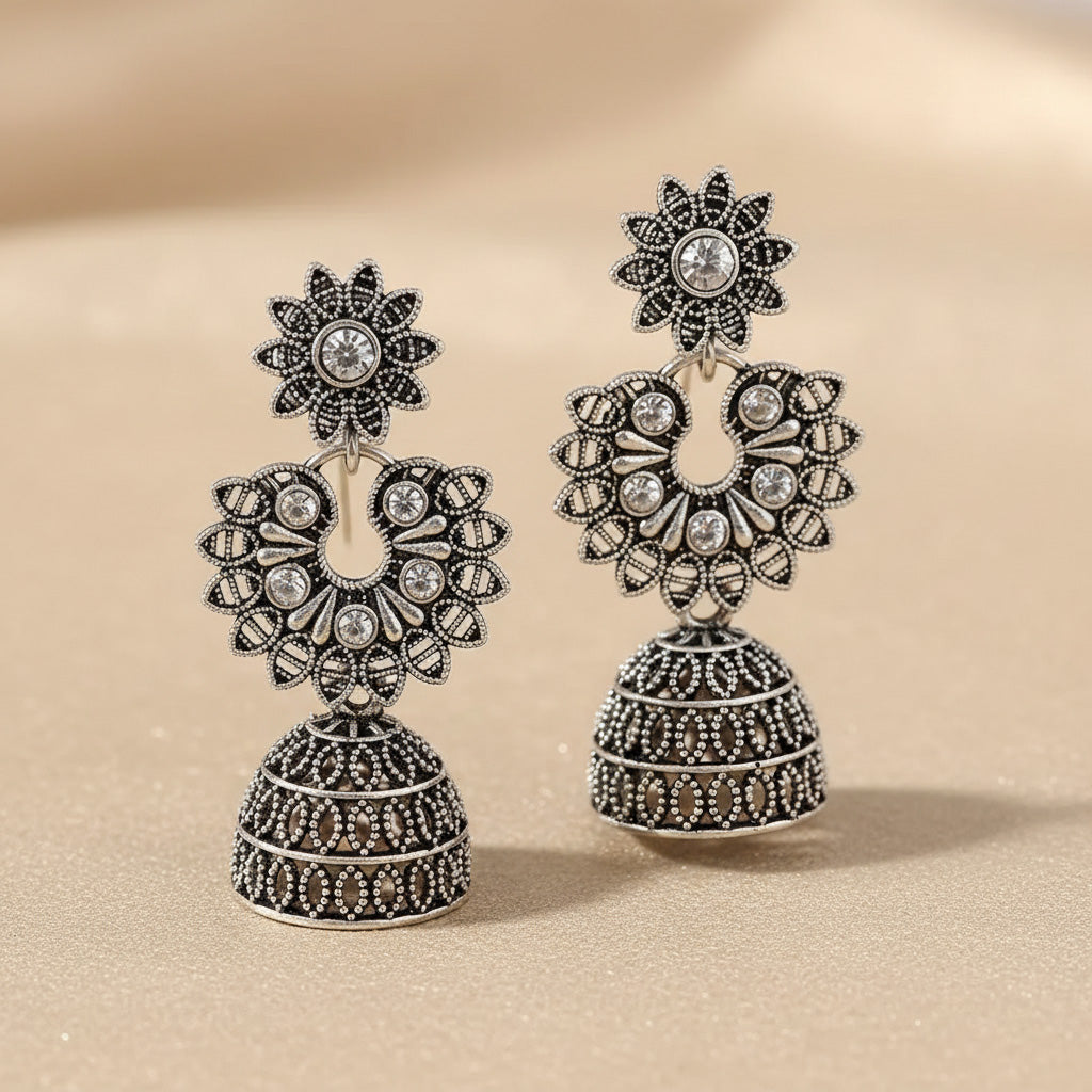Oxidised Silver Jhumki & Hoop Earrings Combo – Set of 4