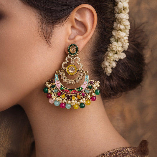 ulticolor chandbali earrings with pearl beads traditional Indian ethnic jewellery for women