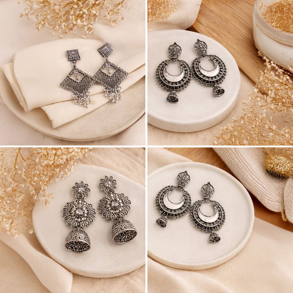 Oxidised Silver Jhumki & Hoop Earrings Combo – Set of 4