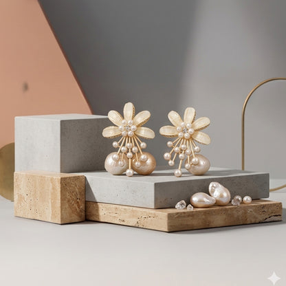 Elegant white flower stud earrings with pearl dangles for women