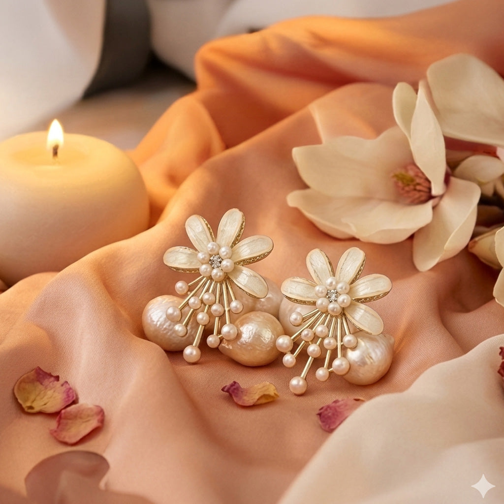 Floral earrings with pearls on a soft fabric background with flowers and a candle.