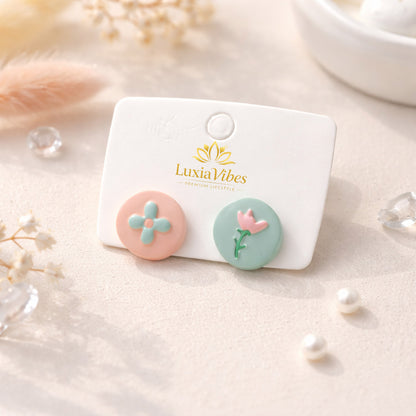 Front view of female model wearing pastel floral stud earrings, minimal cute jewelry with soft lighting