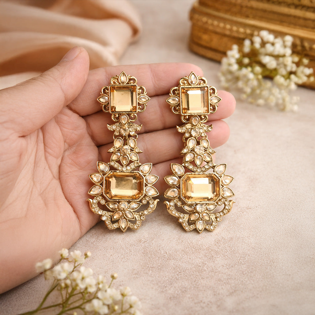 Designer gold drop earrings with crystal detailing for women