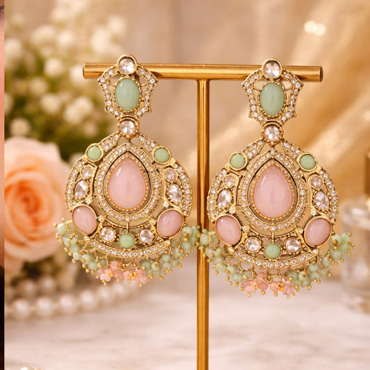 LuxiaVibes Traditional Kundan Earrings for Women with Mint Green Pink Stones | Festive Wedding Party Wear Statement Earrings