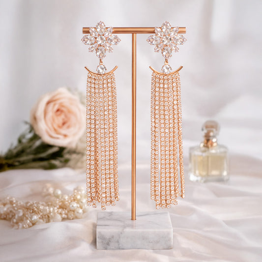 ong statement tassel earrings rose gold crystal luxury jewellery