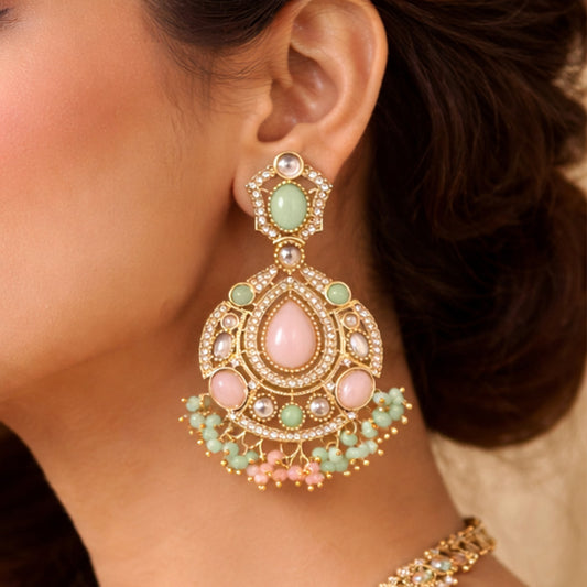 LuxiaVibes Traditional Kundan Earrings for Women with Mint Green Pink Stones | Festive Wedding Party Wear Statement Earrings