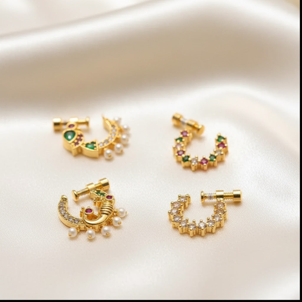 Multicolor Gold-Plated Nose Pins & Rings Set of 4 with CZ