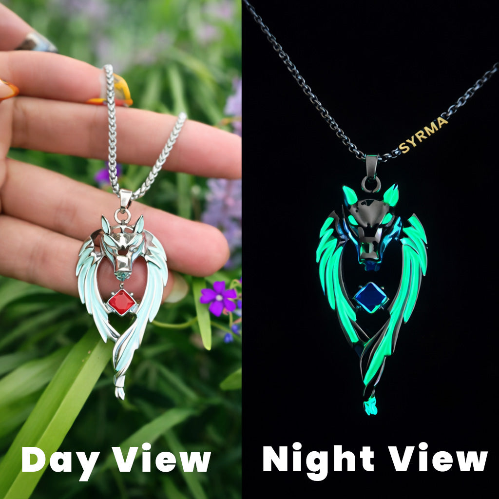 Glow in the Dark Wolf Pendant Necklace – Silver-Plated Chain