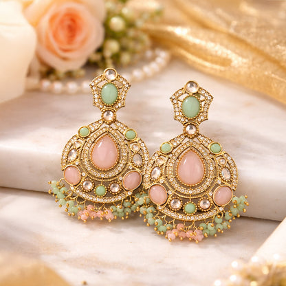 LuxiaVibes Traditional Kundan Earrings for Women with Mint Green Pink Stones | Festive Wedding Party Wear Statement Earrings